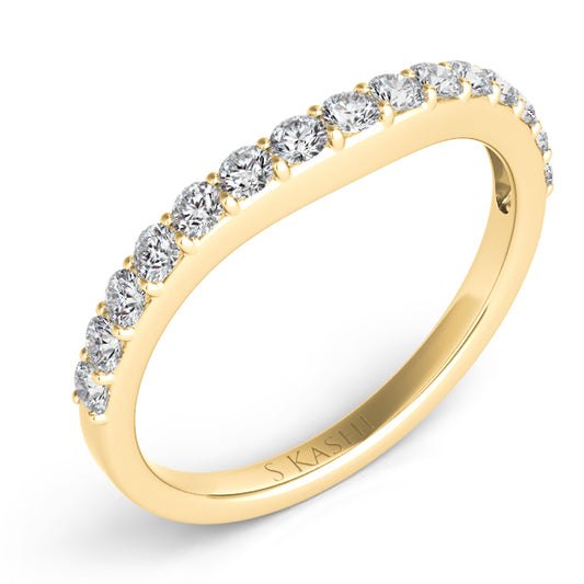 This Band is available in 14K Yellow Gold. There are a total of 15 stones. There are Round with a total carat weight of 0.45 set in a Prong Set setting.