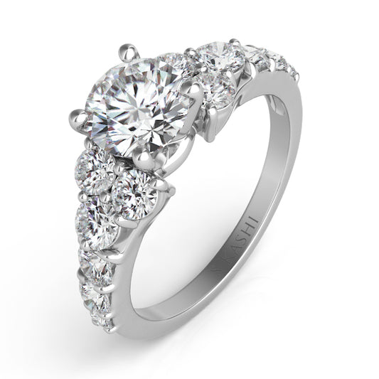 This Engagement Ring is available in 14K White Gold. There are a total of 12 stones. There are Rounds with a total carat weight of 0.93 set in a Prong Set setting.