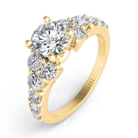 This Engagement Ring is available in 14K Yellow Gold. There are a total of 12 stones. There are Rounds with a total carat weight of 0.93 set in a Prong Set setting.