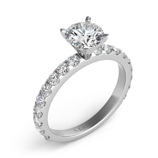 This Engagement Ring is available in 14K White Gold. There are a total of 18 stones. There are Rounds with a total carat weight of 0.77 set in a Prong Set setting.