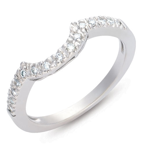 This Band is available in 14K White Gold. There are a total of 15 stones. There are Round with a total carat weight of 0.18 set in a setting.