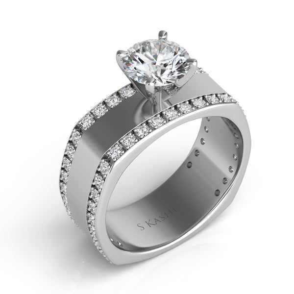 This Engagement Ring is available in 14K White Gold. There are a total of 54 stones. There are Rounds with a total carat weight of 0.57 set in a Micro Pave setting.