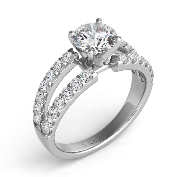 This Engagement Ring is available in 14K White Gold. There are a total of 28 stones. There are Rounds with a total carat weight of 0.7 set in a Prong Set setting.