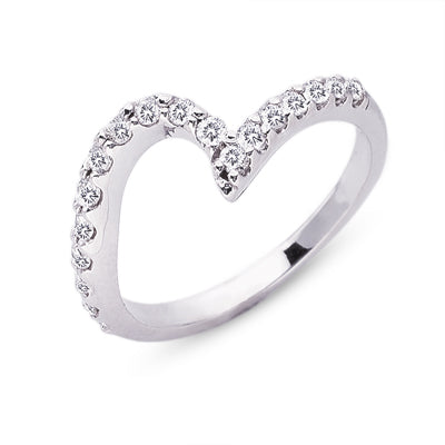 This Band is available in 14K White Gold. There are a total of 18 stones. There are Round with a total carat weight of 0.39 set in a Prong Set setting.