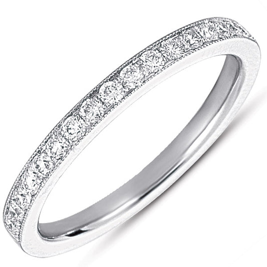 This Band is available in 14K White Gold. There are a total of 17 stones. There are Round with a total carat weight of 0.18 set in a Micro Pave setting.