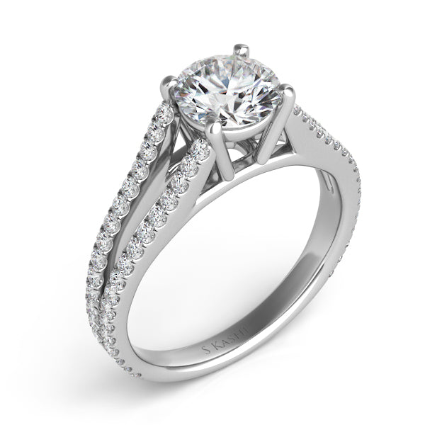 This Engagement Ring is available in 14K White Gold. There are a total of 68 stones. There are Rounds with a total carat weight of 0.49 set in a Micro Prong setting.