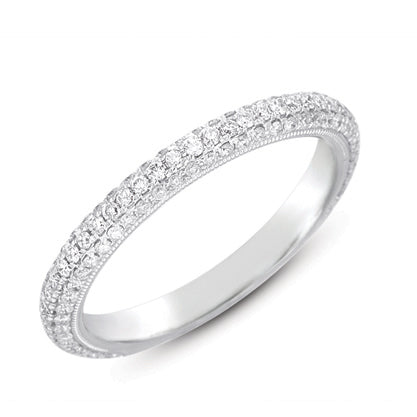 This Band is available in 14K White Gold. There are a total of 127 stones. There are Round with a total carat weight of 0.57 set in a Micro Pave setting.