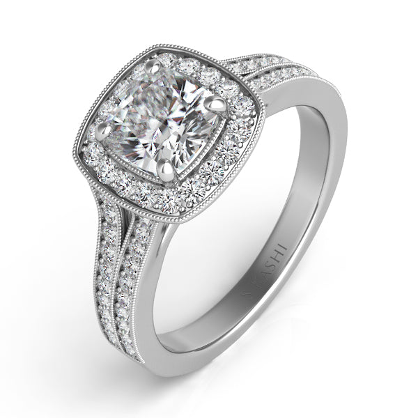 This Engagement Ring is available in 14K White Gold. There are a total of 56 stones. There are Rounds with a total carat weight of 0.35 set in a Micro Pave setting.