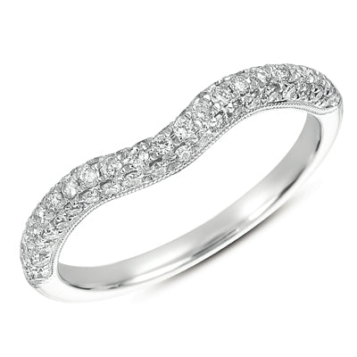 This Band is available in 14K White Gold. There are a total of 61 stones. There are Round with a total carat weight of 0.4 set in a Micro Pave setting.