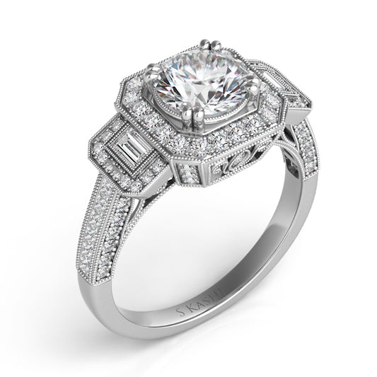 This Engagement Ring is available in 14K White Gold. There are a total of 82 stones. There are Baguette with a total carat weight of 0.12 set in a Channel Set|Micro Prong setting.There are Princess stones with a total carat weight of 0.2 set in a Channel Set|Micro Prong.