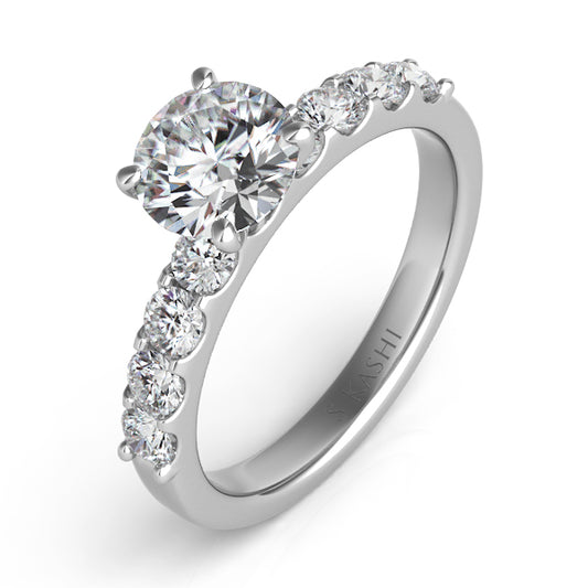 This Engagement Ring is available in 14K White Gold. There are a total of 8 stones. There are Rounds with a total carat weight of 0.58 set in a Prong Set setting.