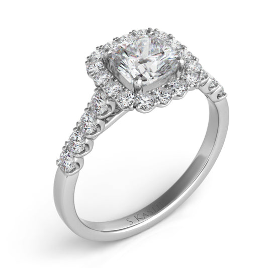 This Engagement Ring is available in 14K White Gold. There are a total of 24 stones. There are Rounds with a total carat weight of 0.53 set in a Prong Set setting.