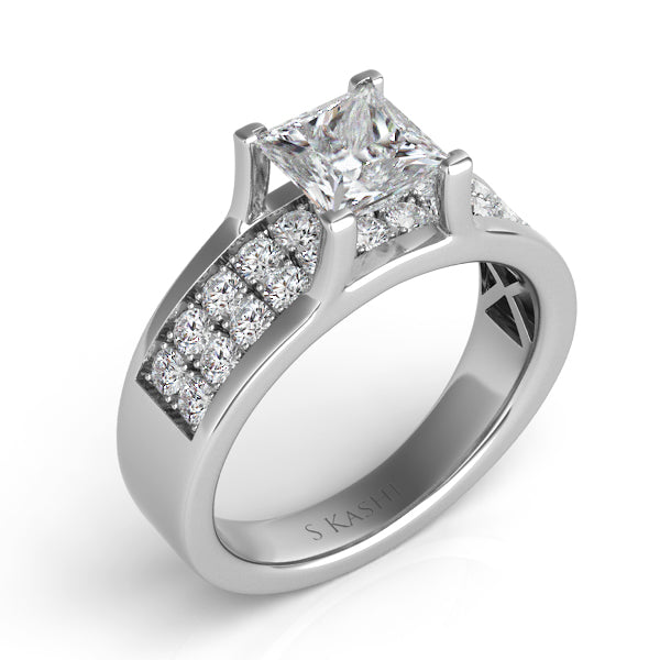 This Engagement Ring is available in 14K White Gold. There are a total of 22 stones. There are Rounds with a total carat weight of 0.66 set in a Invisible Set|Micro Pave setting.