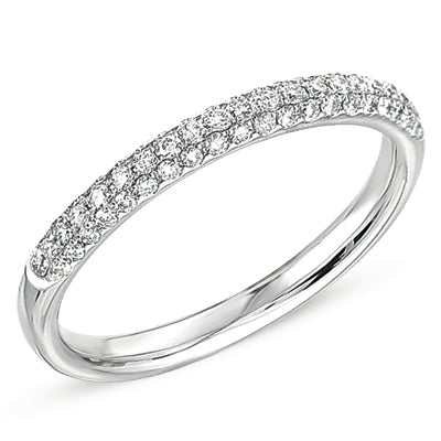 This Band is available in 14K White Gold. There are a total of 61 stones. There are Round with a total carat weight of 0.33 set in a Micro Pave setting.