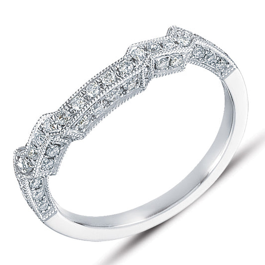 This Band is available in 14K White Gold. There are a total of 39 stones. There are Round with a total carat weight of 0.32 set in a setting.