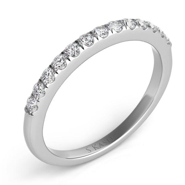 This Band is available in 14K White Gold. There are a total of 13 stones. There are Round with a total carat weight of 0.24 set in a Prong Set setting.