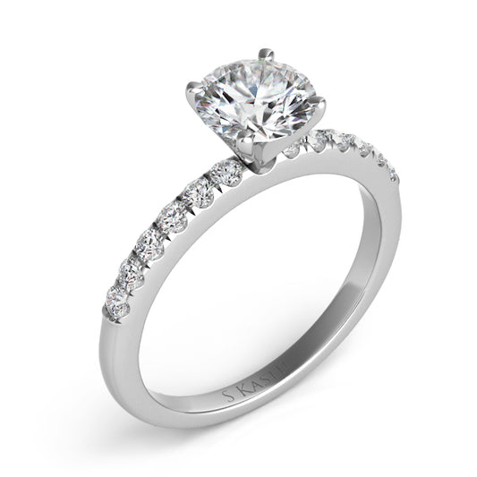 This Engagement Ring is available in 14K White Gold. There are a total of 12 stones. There are Rounds with a total carat weight of 0.22 set in a Prong Set setting.