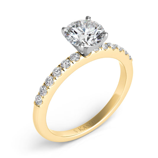 This Engagement Ring is available in 14K Yellow Gold. There are a total of 12 stones. There are Rounds with a total carat weight of 0.22 set in a Prong Set setting.