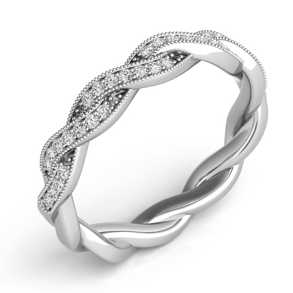 This Band is available in 14K White Gold. There are a total of 36 stones. There are Round with a total carat weight of 0.2 set in a Micro Pave setting.