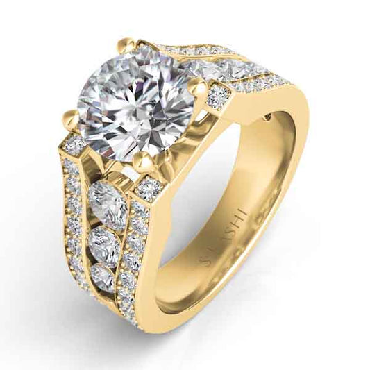 This Engagement Ring is available in 14K Yellow Gold. There are a total of 46 stones. There are Rounds with a total carat weight of 1.44 set in a Channel Set|Micro Pave setting.