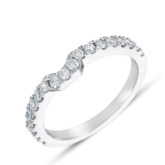 This Band is available in 14K White Gold. There are a total of 19 stones. There are Round with a total carat weight of 0.48 set in a Prong Set setting.