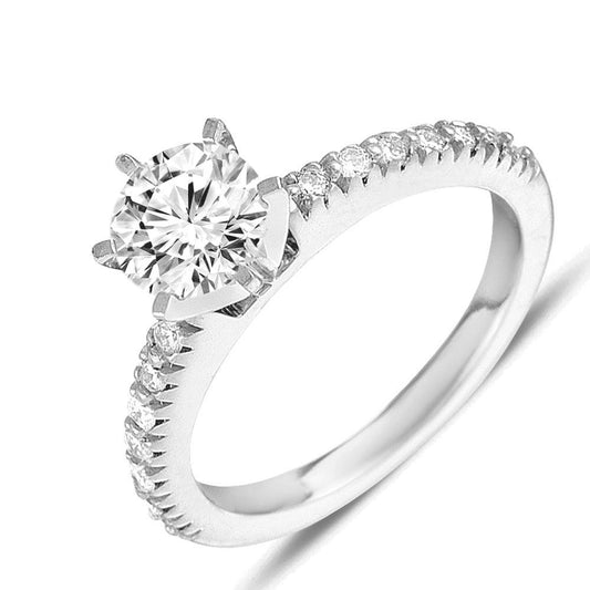 This Engagement Ring is available in 14K White Gold. There are a total of 14 stones. There are Rounds with a total carat weight of 0.3 set in a Prong Set setting.