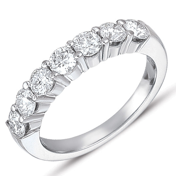 This Band is available in 14K White Gold. There are a total of 7 stones. There are Round with a total carat weight of 1.12 set in a Prong Set setting.