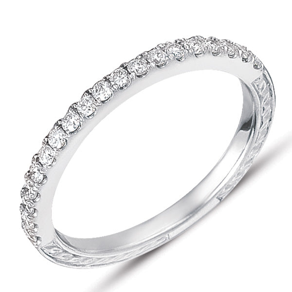 This Band is available in 14K White Gold. There are a total of 19 stones. There are Round with a total carat weight of 0.25 set in a Micro Prong setting.