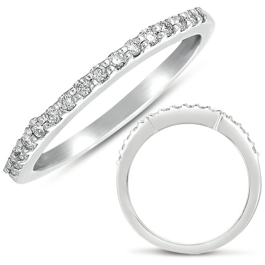 This Band is available in 14K White Gold. There are a total of 16 stones. There are Round with a total carat weight of 0.16 set in a Micro Prong setting.