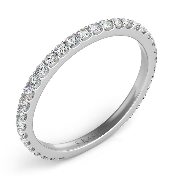 This Band is available in 14K White Gold. There are a total of 34 stones. There are Round with a total carat weight of 0.45 set in a Micro Prong setting.