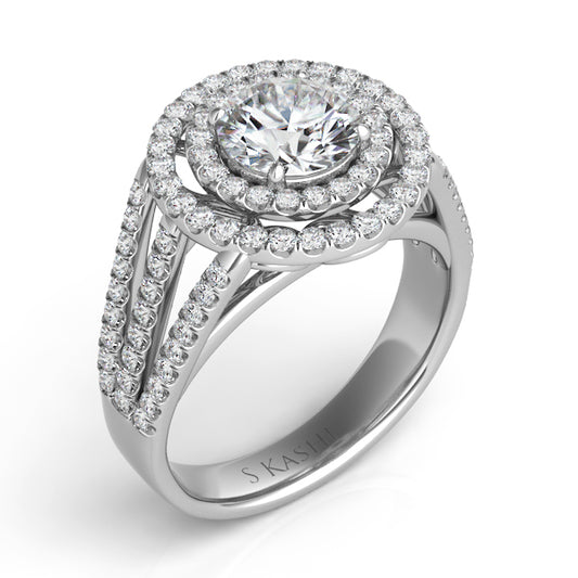 This Engagement Ring is available in 14K White Gold. There are a total of 100 stones. There are Rounds with a total carat weight of 0.76 set in a setting.