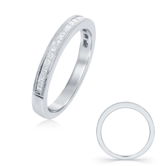 This Band is available in 14K White Gold. There are a total of 23 stones. There are Princess with a total carat weight of 0.38 set in a setting.