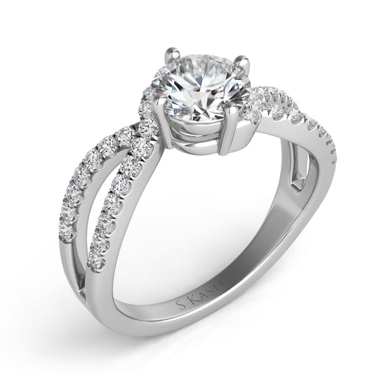 This Engagement Ring is available in 14K White Gold. There are a total of 34 stones. There are Rounds with a total carat weight of 0.34 set in a Micro Prong setting.