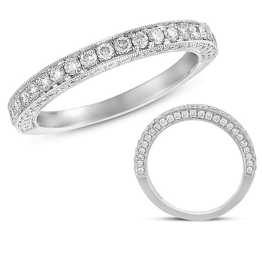 This Band is available in 14K White Gold. There are a total of 71 stones. There are Round with a total carat weight of 0.76 set in a Micro Prong setting.