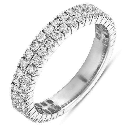 This Band is available in 14K White Gold. There are a total of 58 stones. There are Round with a total carat weight of 0.93 set in a Micro Prong setting.
