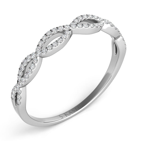 This Band is available in 14K White Gold. There are a total of 57 stones. There are Round with a total carat weight of 0.2 set in a Micro Prong setting.