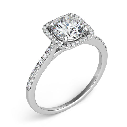 This Engagement Ring is available in 14K White Gold. There are a total of 42 stones. There are Rounds with a total carat weight of 0.2 set in a Micro Prong setting.