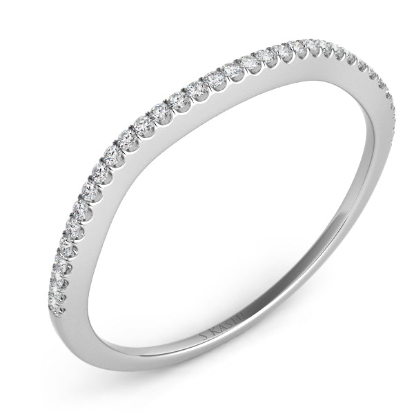 This Band is available in 14K White Gold. There are a total of 33 stones. There are Round with a total carat weight of 0.1 set in a Micro Prong setting.