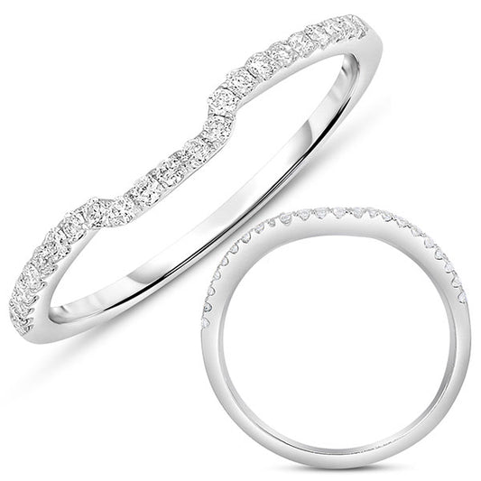 This Band is available in 14K White Gold. There are a total of 23 stones. There are Round with a total carat weight of 0.18 set in a Micro Prong setting.