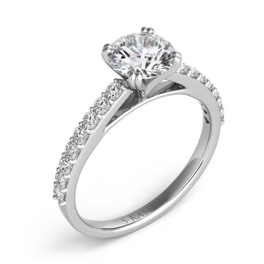 This Engagement Ring is available in 14K White Gold. There are a total of 16 stones. There are Rounds with a total carat weight of 0.35 set in a Micro Prong setting.