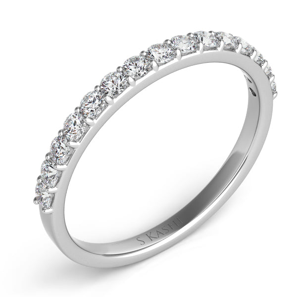 This Band is available in 14K White Gold. There are a total of 16 stones. There are Round with a total carat weight of 0.35 set in a Micro Prong setting.