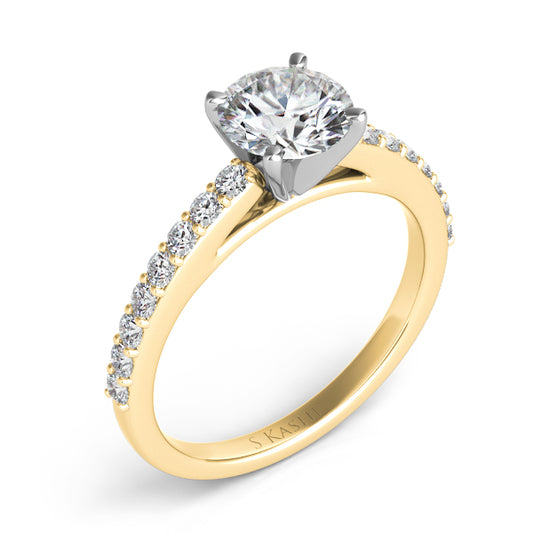 This Engagement Ring is available in 14K Yellow Gold. There are a total of 16 stones. There are Rounds with a total carat weight of 0.35 set in a Micro Prong setting.