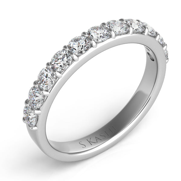 This Band is available in 14K White Gold. There are a total of 11 stones. There are Round with a total carat weight of 0.79 set in a Prong Set setting.