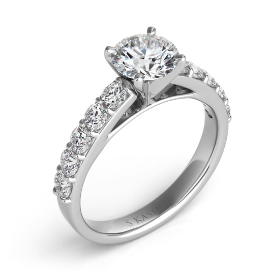 This Engagement Ring is available in 14K White Gold. There are a total of 10 stones. There are Rounds with a total carat weight of 0.72 set in a Prong Set setting.