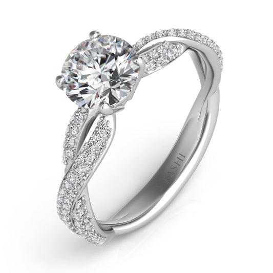 This Engagement Ring is available in 14K White Gold. There are a total of 102 stones. There are Rounds with a total carat weight of 0.4 set in a Micro Pave setting.