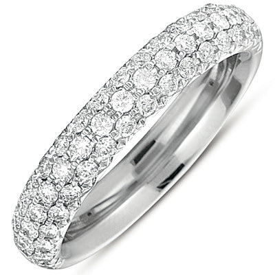 This Band is available in 14K White Gold. There are a total of 52 stones. There are Round with a total carat weight of 0.68 set in a Micro Pave setting.