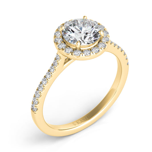 This Engagement Ring is available in 14K Yellow Gold. There are a total of 34 stones. There are Rounds with a total carat weight of 0.25 set in a Micro Prong setting.