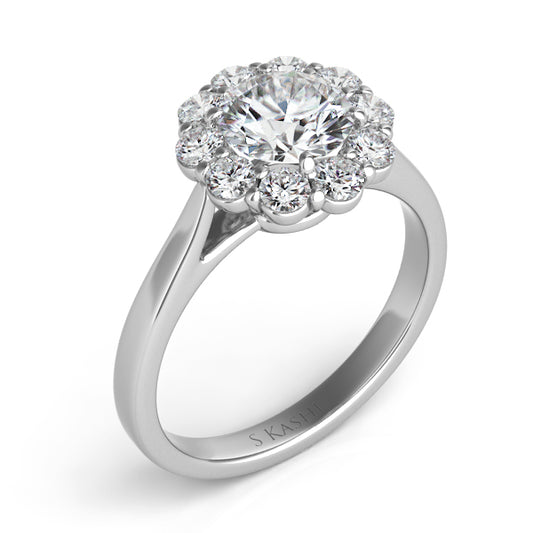 This Engagement Ring is available in 14K White Gold. There are a total of 12 stones. There are Rounds with a total carat weight of 0.59 set in a setting.