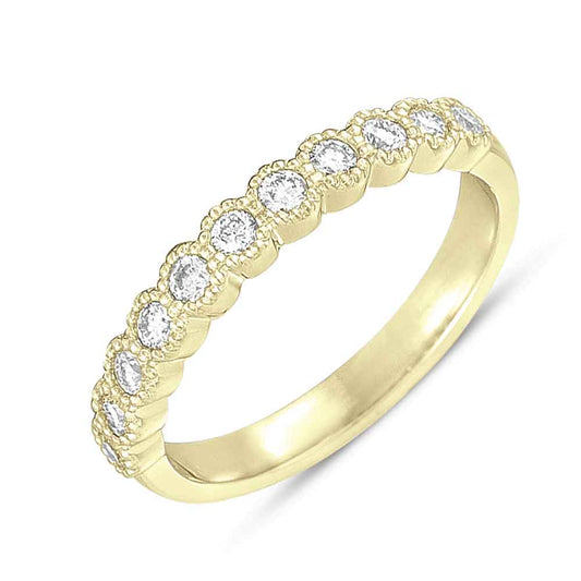 This Band is available in 14K Yellow Gold. There are a total of 11 stones. There are Round with a total carat weight of 0.33 set in a Bezel Set setting.