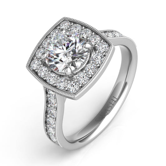 This Engagement Ring is available in 14K White Gold. There are a total of 28 stones. There are Rounds with a total carat weight of 0.63 set in a Micro Prong setting.